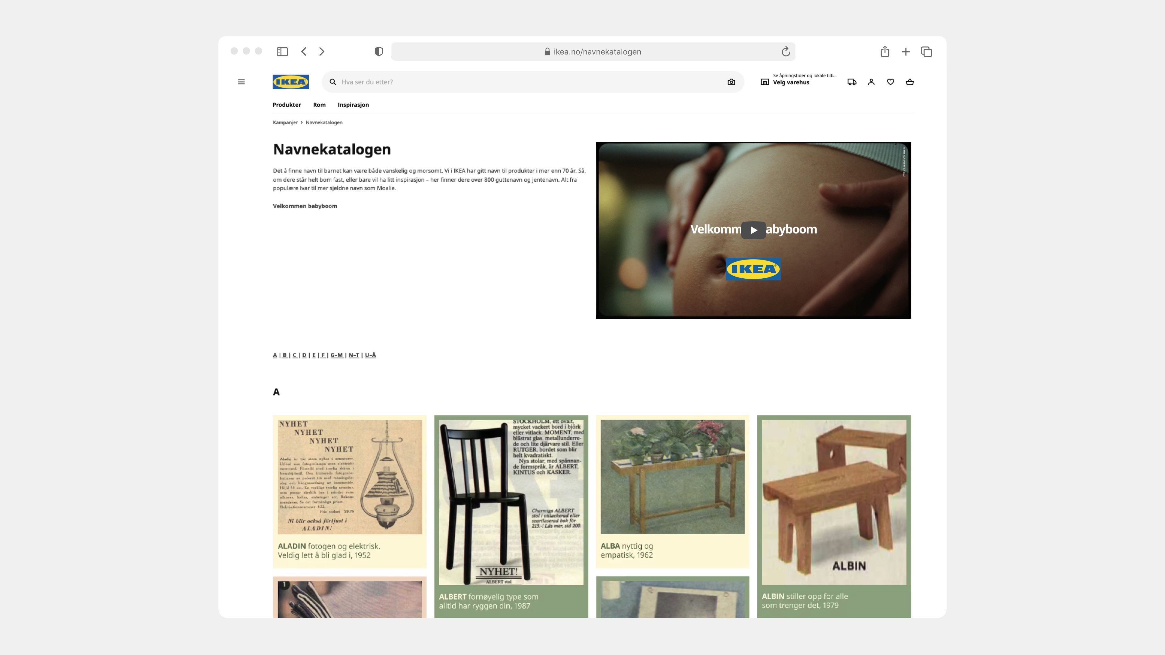 IKEA Navnekatalogen Landingsside