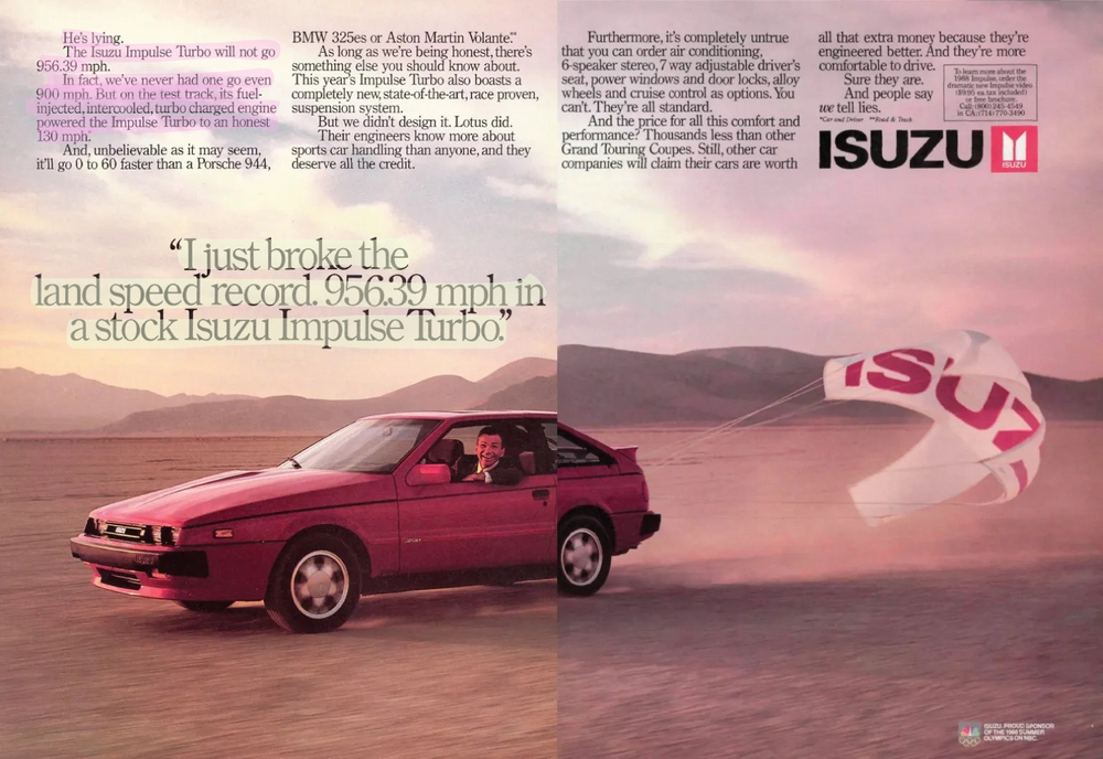 Nobody Reads ads 1988 Isuzu Impulse Turbo print ad